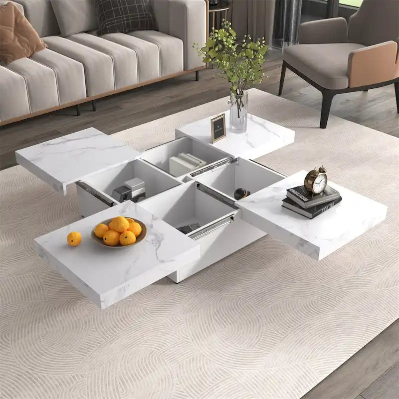Square Marble Veneer Coffee Table Sliding Top with Storage by Harper&Bright Designs