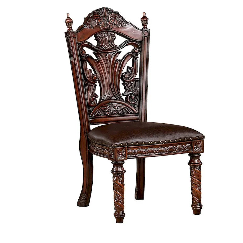 Iga 22 Inch Carved Dining Chair, Set of 2, Faux Leather Seat, Nailhead Trim