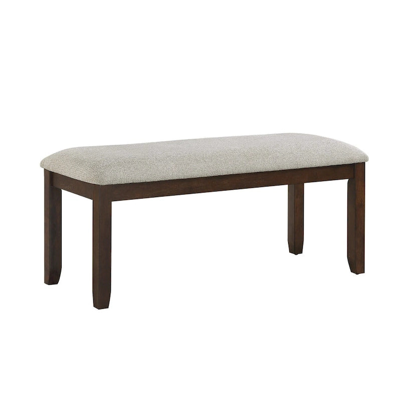 Humpty 43 Inch Bench, Gray Polyester Upholstery, Cherry Brown Solid Wood