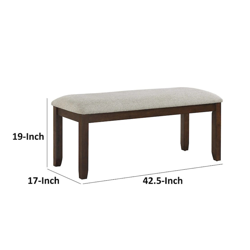 Humpty 43 Inch Bench, Gray Polyester Upholstery, Cherry Brown Solid Wood