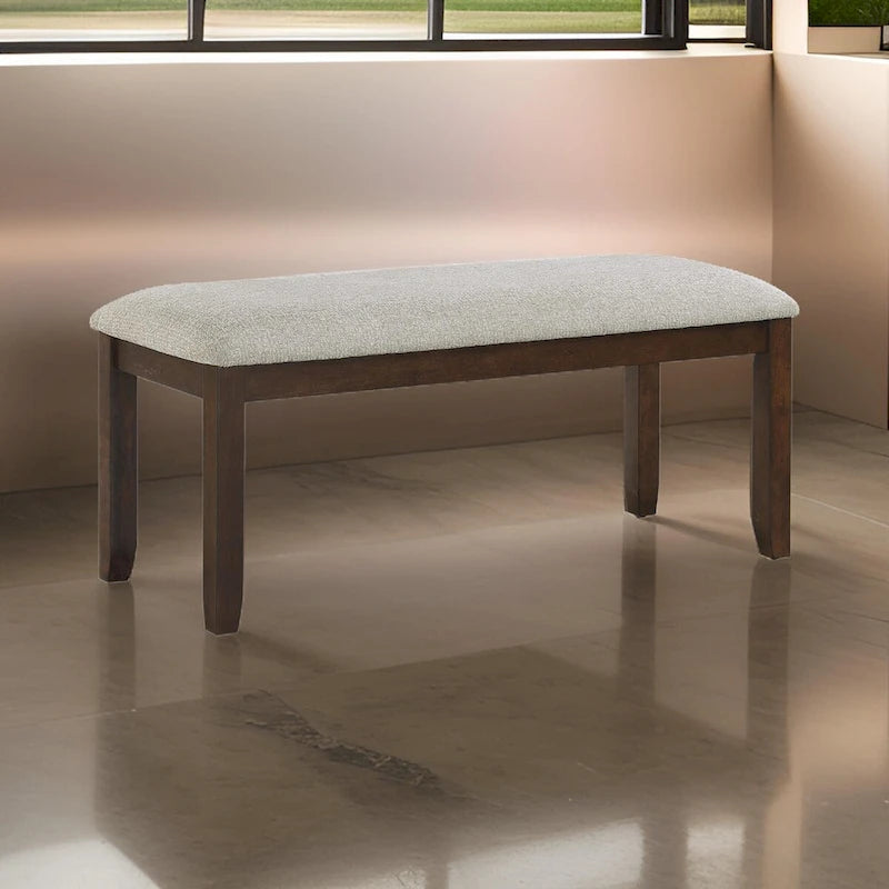 Humpty 43 Inch Bench, Gray Polyester Upholstery, Cherry Brown Solid Wood