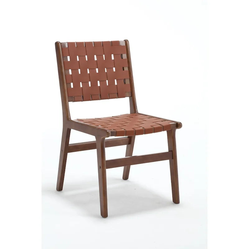 Saddle leather woven dining chair, solid wood legs, suitable for dining room and living room