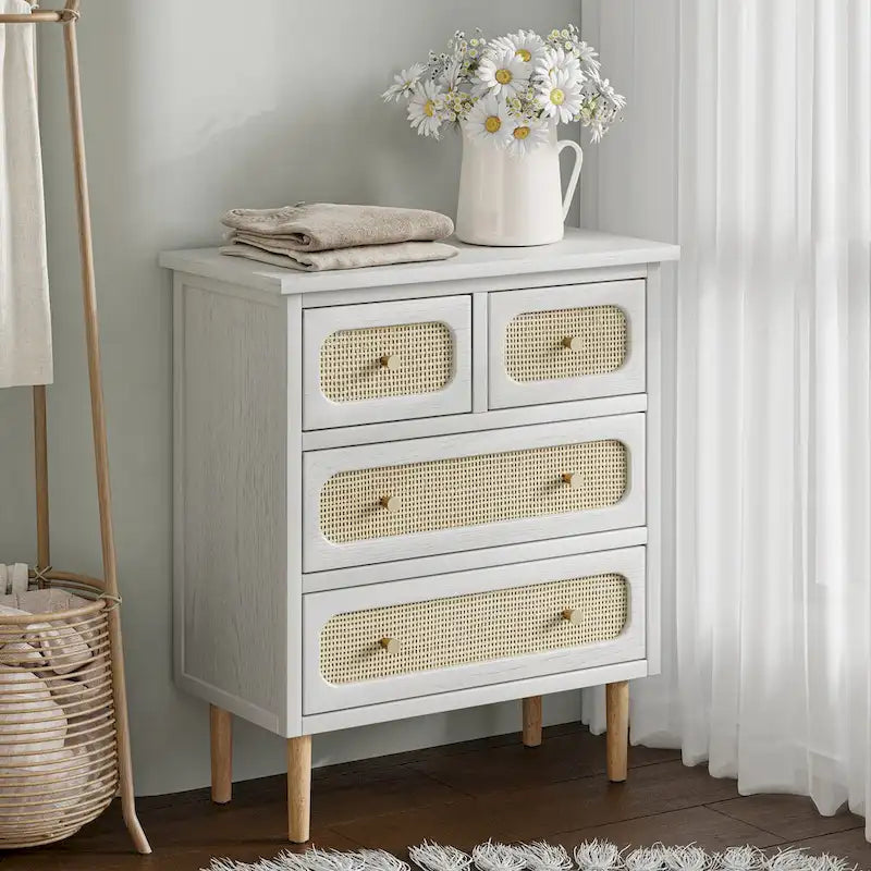 COZAYH Wicker Rattan Chest of Drawers, 4-Drawer Dresser, White Finish Wooden Storage Cabinet, Boho Mid-Century Coastal Sideboard