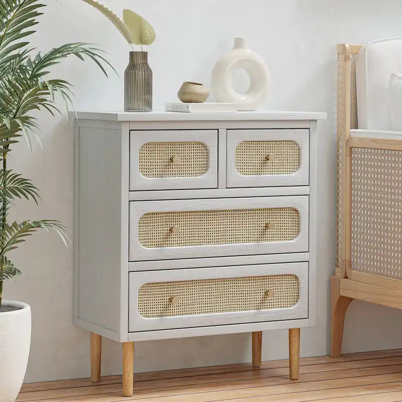 COZAYH Wicker Rattan Chest of Drawers, 4-Drawer Dresser, White Finish Wooden Storage Cabinet, Boho Mid-Century Coastal Sideboard