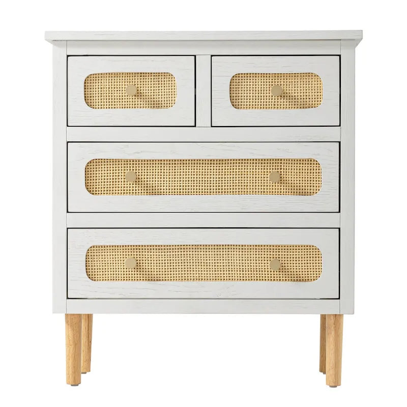 COZAYH Wicker Rattan Chest of Drawers, 4-Drawer Dresser, White Finish Wooden Storage Cabinet, Boho Mid-Century Coastal Sideboard