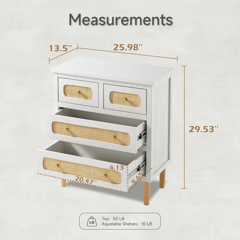 COZAYH Wicker Rattan Chest of Drawers, 4-Drawer Dresser, White Finish Wooden Storage Cabinet, Boho Mid-Century Coastal Sideboard