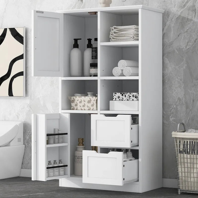 Bathroom Storage Cabinet with Doors and Drawers, Open Shelve, Adjustable Shelf