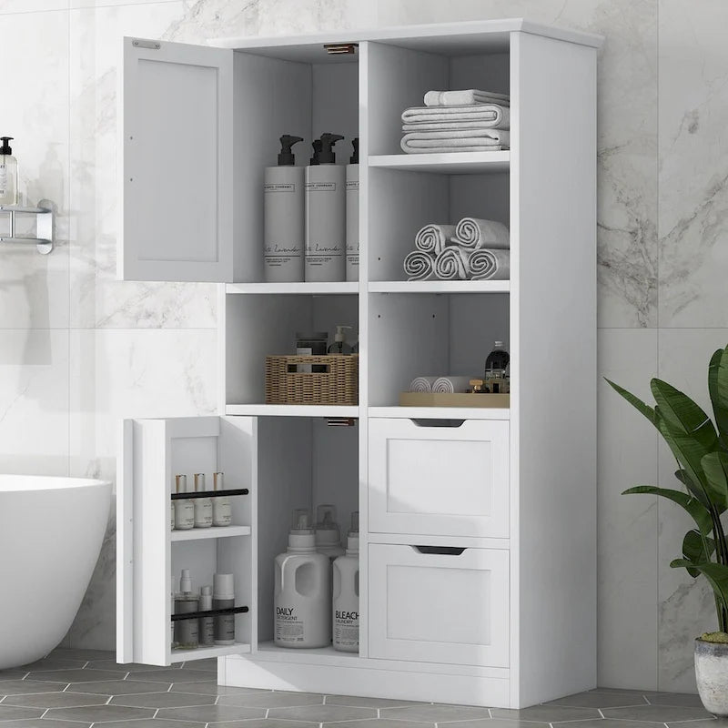 Bathroom Storage Cabinet with Doors and Drawers, Open Shelve, Adjustable Shelf