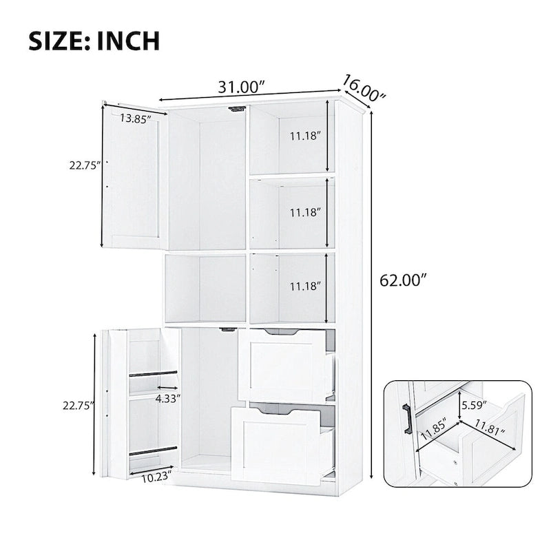 Bathroom Storage Cabinet with Doors and Drawers, Open Shelve, Adjustable Shelf