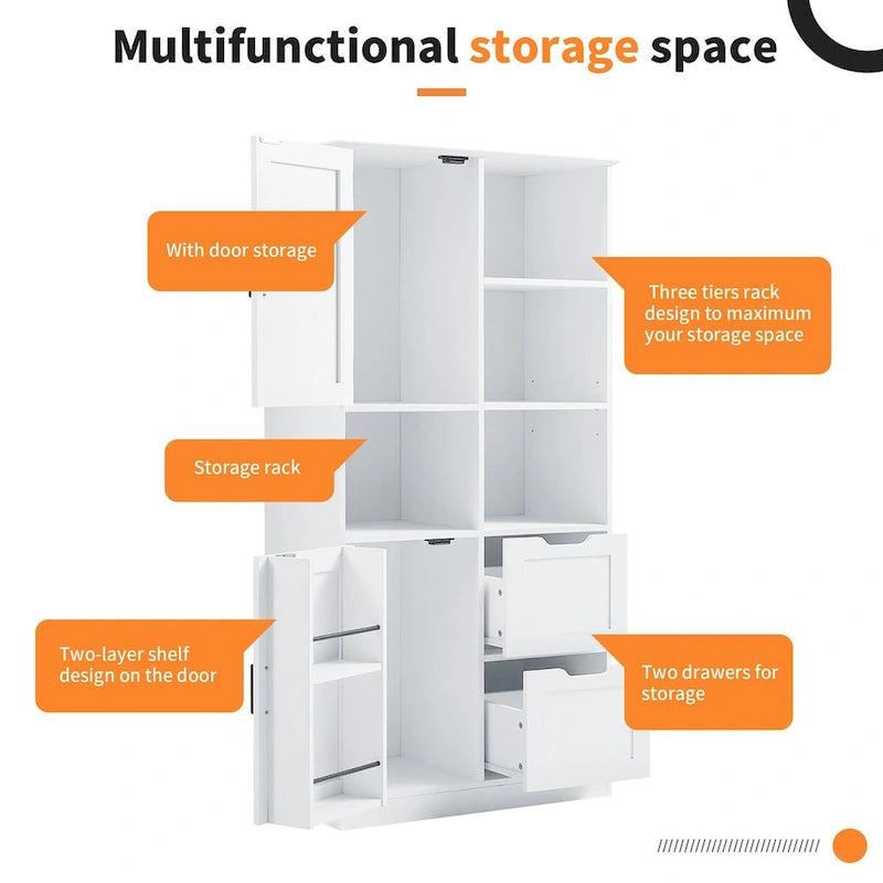 Bathroom Storage Cabinet with Doors and Drawers, Open Shelve, Adjustable Shelf