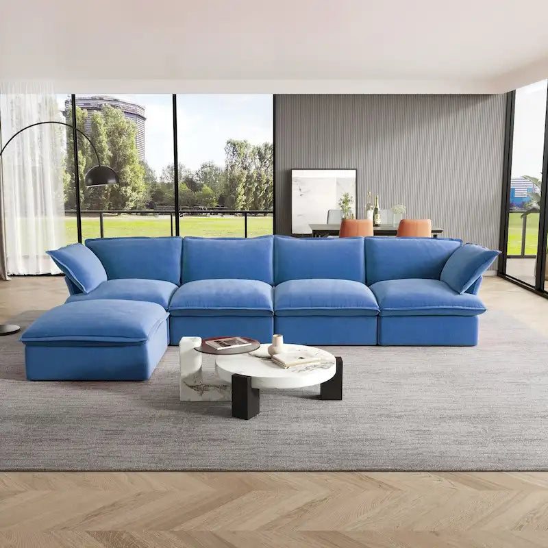 Cloud Sectional Sofa, 5-Seater Down Feather Modular Sofa L-shaped Velvet Wide Deep Seat Convertible Couch.