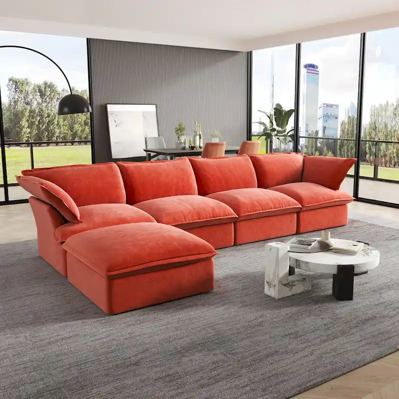 Cloud Sectional Sofa, 5-Seater Down Feather Modular Sofa L-shaped Velvet Wide Deep Seat Convertible Couch.