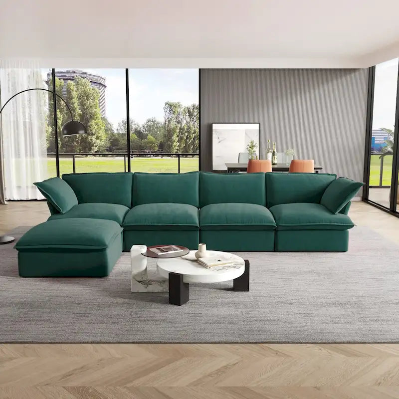 Cloud Sectional Sofa, 5-Seater Down Feather Modular Sofa L-shaped Velvet Wide Deep Seat Convertible Couch.