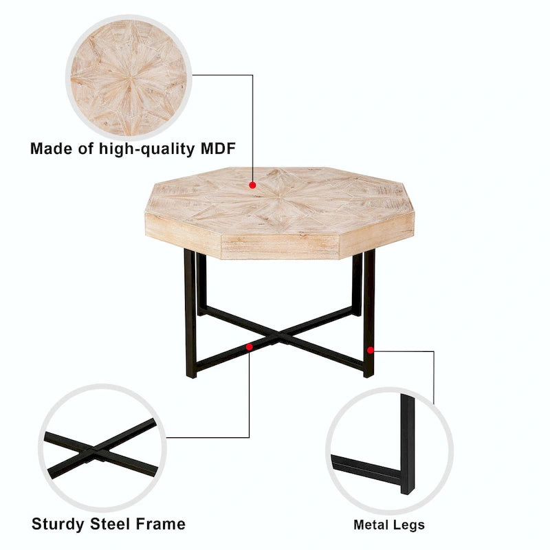 30-Inch Wood Octagonal Vintage Patchwork Coffee Table
