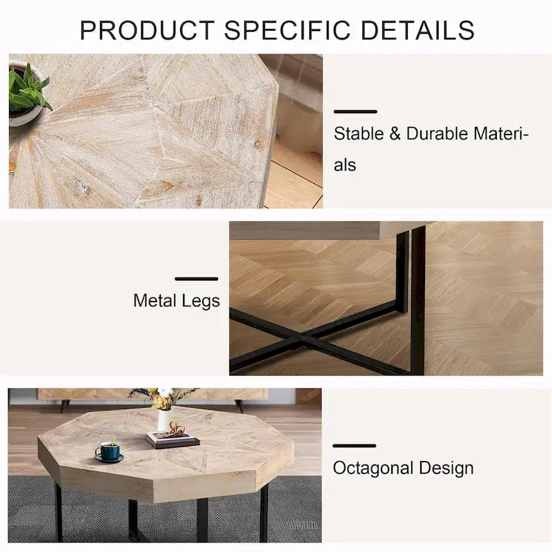 30-Inch Wood Octagonal Vintage Patchwork Coffee Table