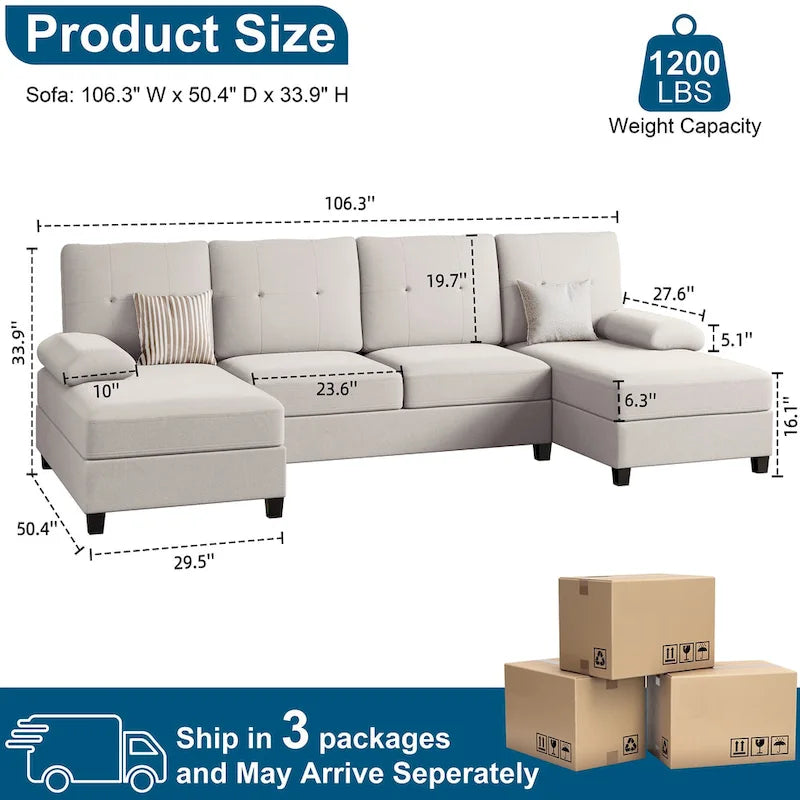 Futzca Sectional Sofa Couches for Living Room, 4 Seat U-Shaped Sofa