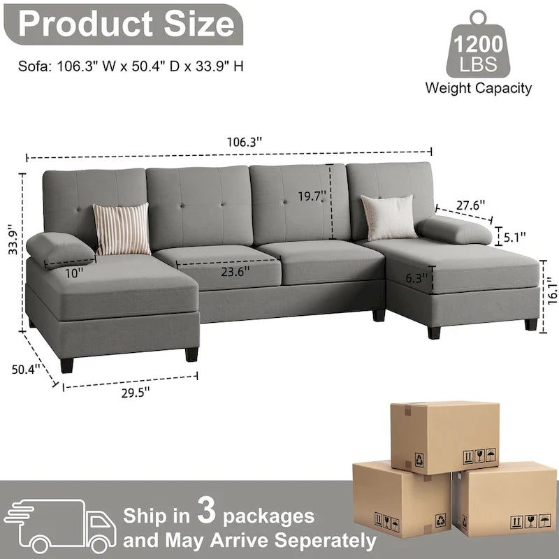 Futzca Sectional Sofa Couches for Living Room, 4 Seat U-Shaped Sofa