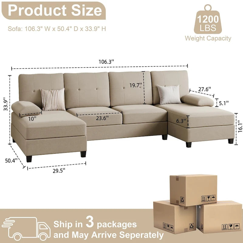 Futzca Sectional Sofa Couches for Living Room, 4 Seat U-Shaped Sofa