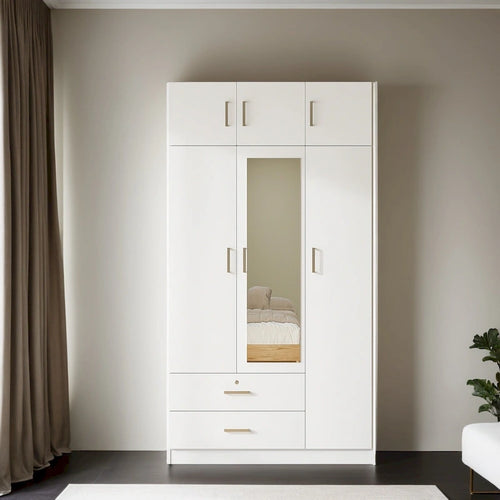 3-Door Mirror Wardrobe with 2 Drawers and Top Cabinet