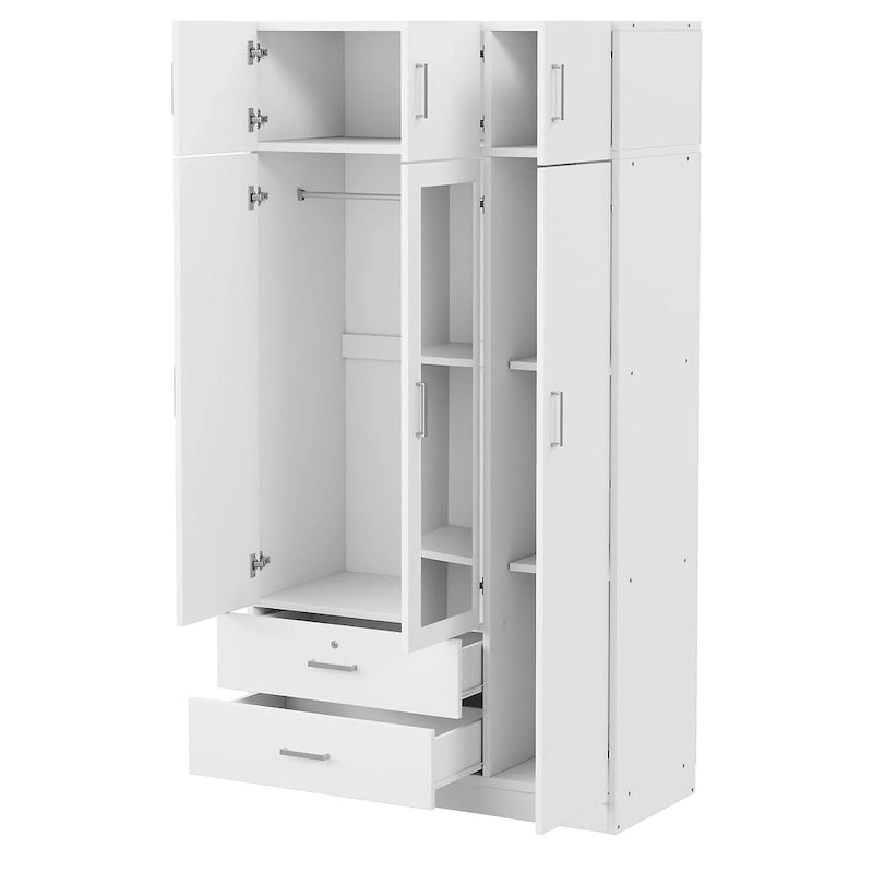 3-Door Mirror Wardrobe with 2 Drawers and Top Cabinet