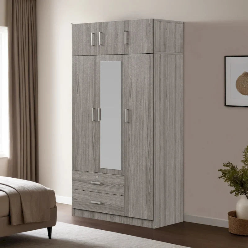 3-Door Mirror Wardrobe with 2 Drawers and Top Cabinet