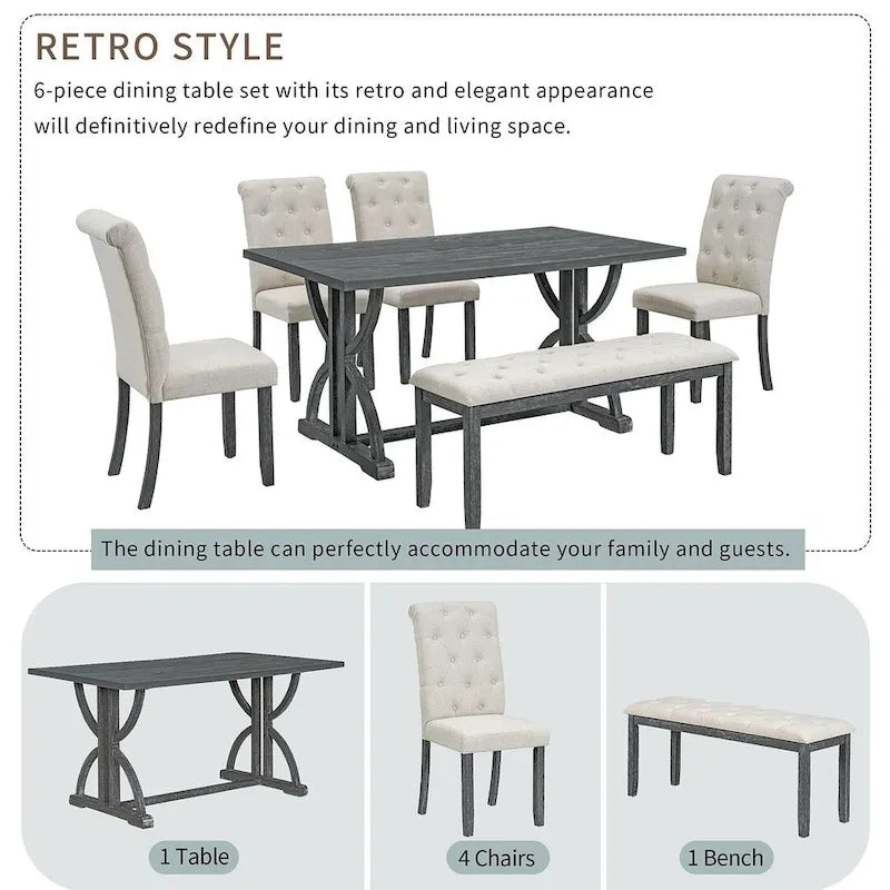 6 PCS Retro Rectangular Dining Table Set for 6