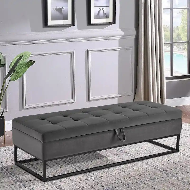 Modern Velvet Upholstered Storage Bench with Flip-Up Seat Top