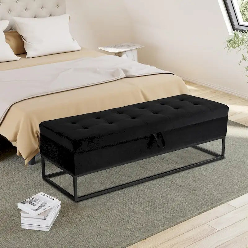 Modern Velvet Upholstered Storage Bench with Flip-Up Seat Top