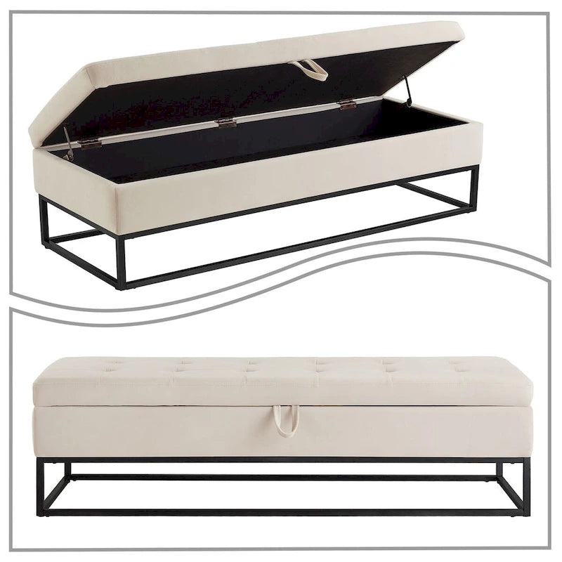 Modern Velvet Upholstered Storage Bench with Flip-Up Seat Top