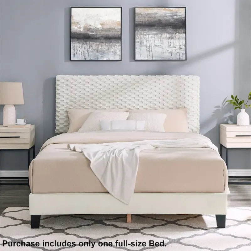 Roundhill Findlay Plush 3D Upholstered Platform Bed in White Dove