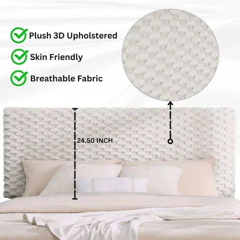 Roundhill Findlay Plush 3D Upholstered Platform Bed in White Dove