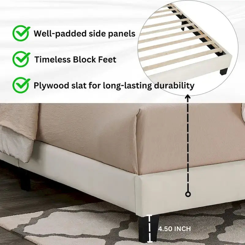 Roundhill Findlay Plush 3D Upholstered Platform Bed in White Dove