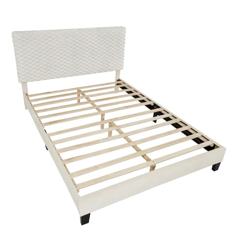 Roundhill Findlay Plush 3D Upholstered Platform Bed in White Dove