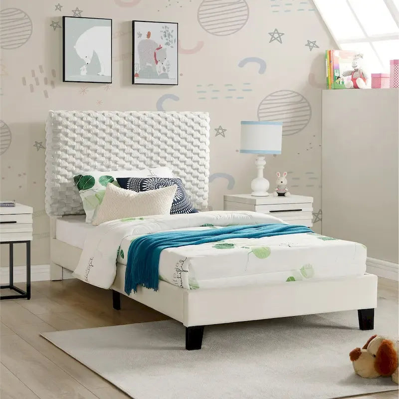 Roundhill Findlay Plush 3D Upholstered Platform Bed in White Dove