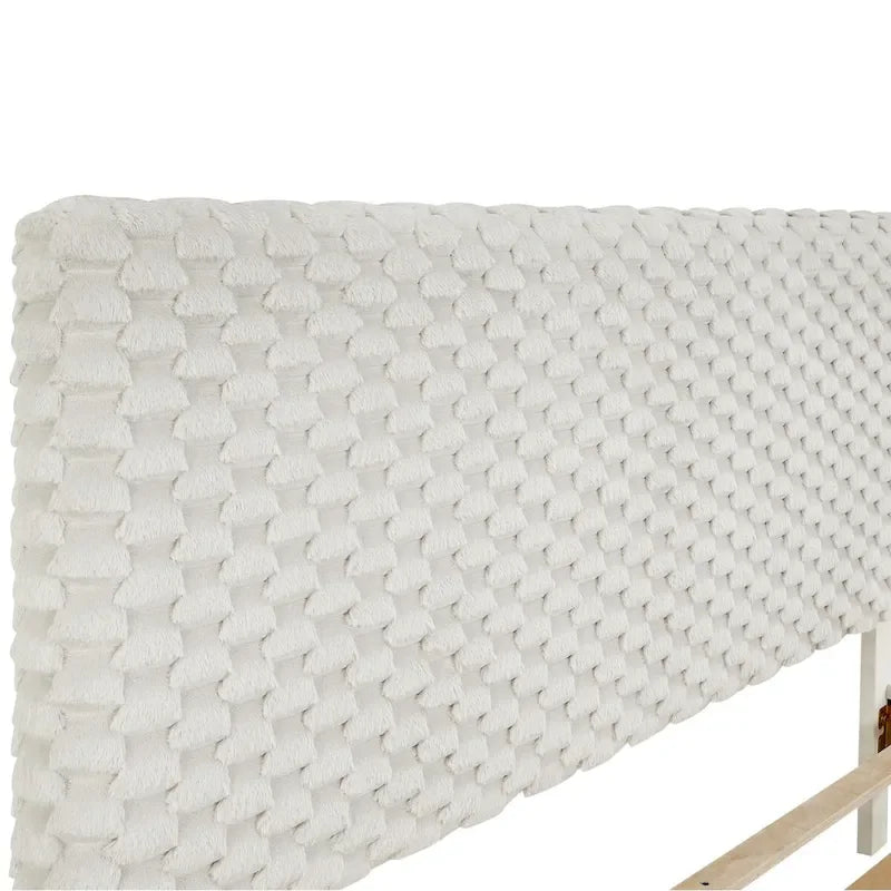 Roundhill Findlay Plush 3D Upholstered Platform Bed in White Dove