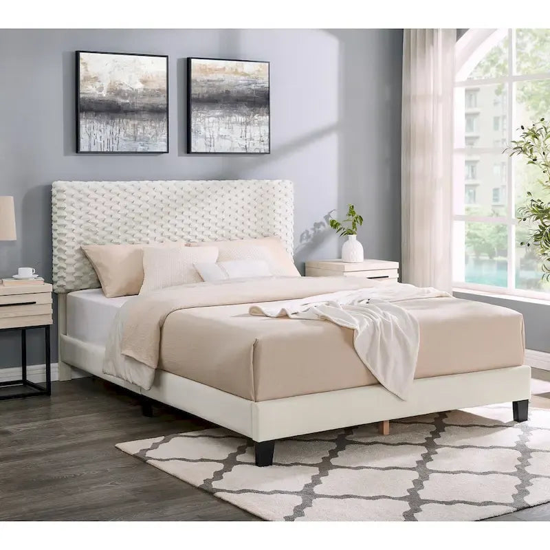 Roundhill Findlay Plush 3D Upholstered Platform Bed in White Dove