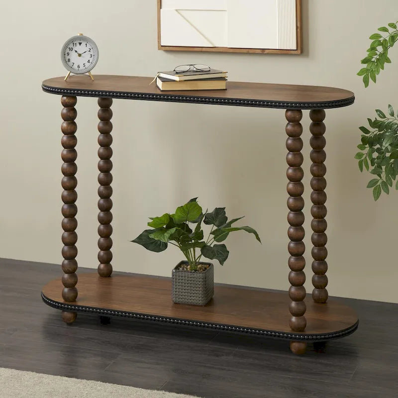 Wood Oval Spindle 1 Shelf Console Table with Beaded Edges - Brown - Roche River Decor