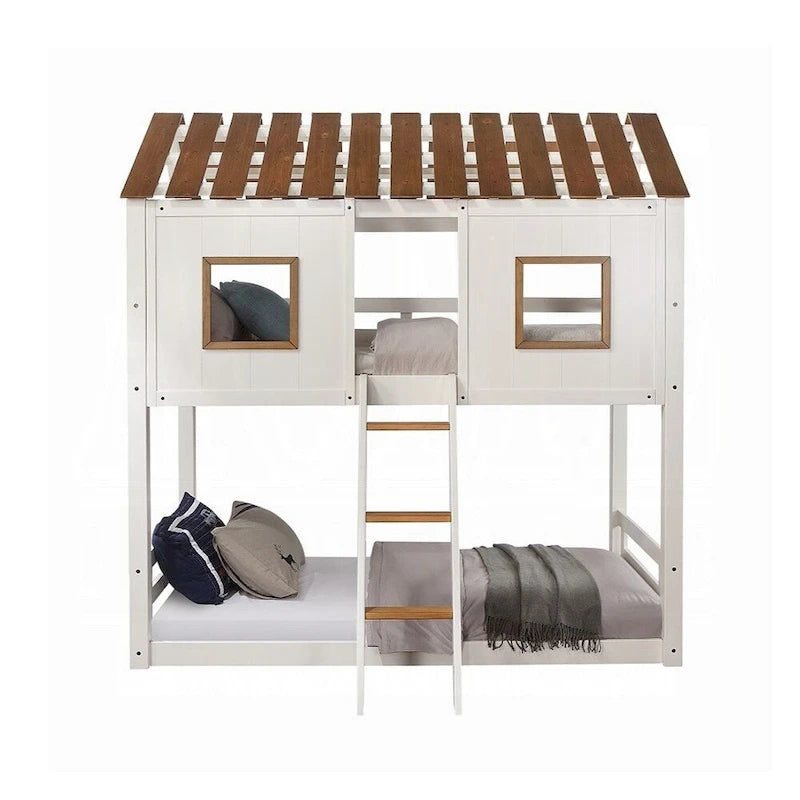 Wooden Twin Over Twin Bunk Bed in White and Rustic Oak