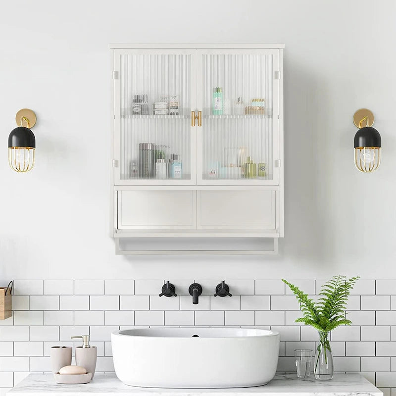 Roomfitters Modern 23.62 Glass Door Wall Cabinet with Two-Tier Enclosed Storage, Open Shelf, and Towel Rack for Entryway