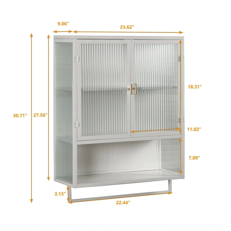 Roomfitters Modern 23.62 Glass Door Wall Cabinet with Two-Tier Enclosed Storage, Open Shelf, and Towel Rack for Entryway