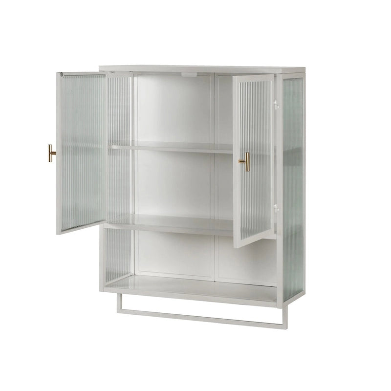 Roomfitters Modern 23.62 Glass Door Wall Cabinet with Two-Tier Enclosed Storage, Open Shelf, and Towel Rack for Entryway