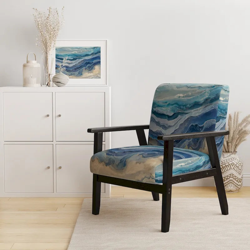 Designart Coast Blue Sea Waves Watercolour Upholstered Abstract Accent Chair - Modern Arm Chair For Bedroom