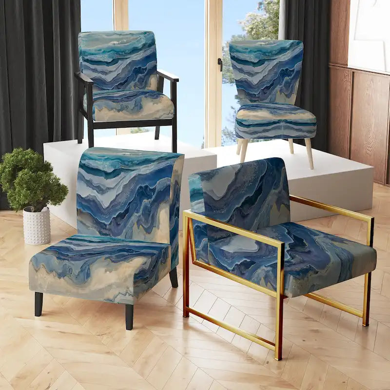 Designart Coast Blue Sea Waves Watercolour Upholstered Abstract Accent Chair - Modern Arm Chair For Bedroom