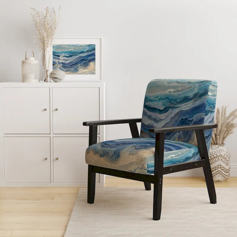 Designart Coast Blue Sea Waves Watercolour Upholstered Abstract Accent Chair - Modern Arm Chair For Bedroom